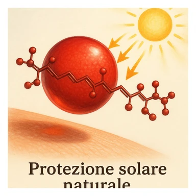 hyper realistic red astaxanthin molecule blocking UV damage, red molecule as shield between skin and sun, positive atmosphere, light background, text 'Protezione solare naturale' sticker