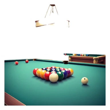 A well-arranged pool table with colorful billiard balls neatly placed, and a cue stick poised to take a shot. The setting is a dimly lit room with a focused atmosphere, highlighting the precision and strategy involved in the game of billiards. sticker