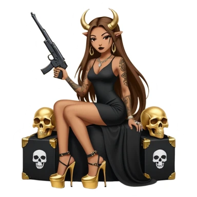 Sensual woman long brown straight haired sexy drug lord woman with tattoos on arm sleeves and black thick butt platform high heels on her feet, and devil black horns on her head, she is holding a skull head and a gun. Sitting on gold cases full of gold , long black dress with sexy slit sticker