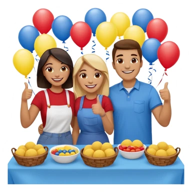 party table decorated with red blue and yellow colors, including a backdrops, balloons arch, streamers and more. On the table are intricate displays of colombian arepas, and baskets of money. In the forefront is a woman and man in simple clothing, big smiles and big thumbs up sticker