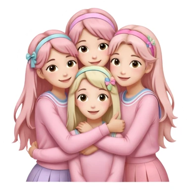 Four girls hugging each other, all wearing soft pink clothes, two with long hair and two with shoulder-length short hair, smiling, with hair accessories like headbands or ribbons, pastel color palette, soft shading, make someone pose with two fingers and someone kisses his cheek sticker