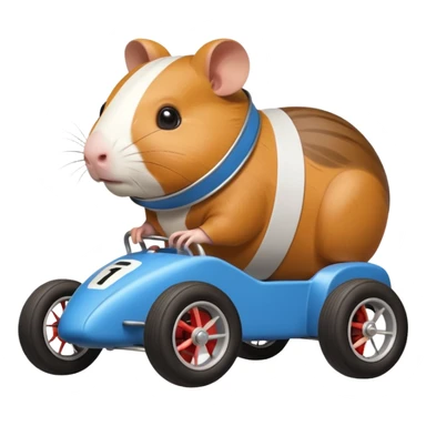 Special air-cooled three-cylinder race car whose frame and suspension is made of shopping cart material with a large rear-mounted gas tank, a soft racing seat, and rear spoiler, is being raced by a small Guinea pig sticker