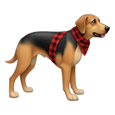 adult 75% Coonhound 25% German Shepherd mix dog with visible tail wearing small pointed red buffalo plaid bandana full body walking left quickly sticker