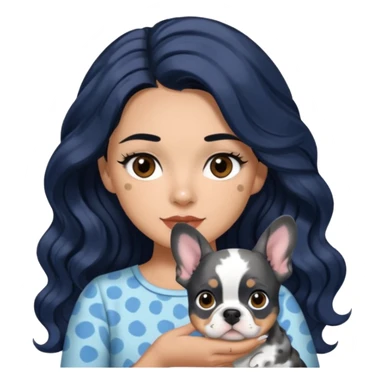 woman with olive skin, brown eyes and long lashes, and long black wavy hair with holding a blue spotted Merle frenchie sticker