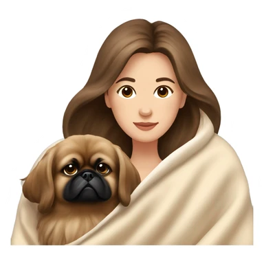 A Women with brown hair is cradling her Pekingese in a beige blanket sticker