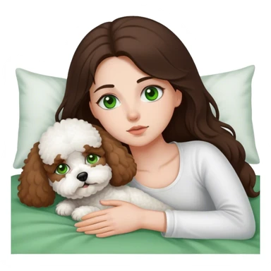 Brunette Long hair girl with green eyes sick in bed by herslef with one bichon frise dog sticker