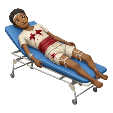 
a man of oriental appearance, dressed in torn clothes, full-length, unconscious, in a prone position, with injuries on a medical stretcher, 1980 sticker