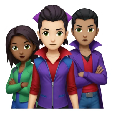 Solo poly platonic relationship, one African girl, one Asian boy, one biracial features Asian tomboy girl rat-tail hair long and upper masculine hair 90s, vampire and marvel cosplay elements inspired  use marvel race, like instead of obvious human, green purple blue etc,  sticker