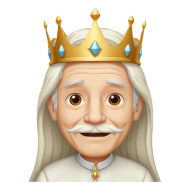 a smiling old man with long white hair and has no beard wearing a white smart shirt and a crown sticker