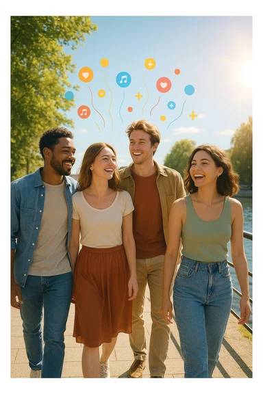 a group of friends strolls along a riverside promenade on a bright, sunny day. Their expressions are joyful and relaxed, and the sunlight creates a warm, golden glow. Above them, faint, colorful lines or icons represent the release of beneficial dopamine. The background is vibrant and full of life. sticker
