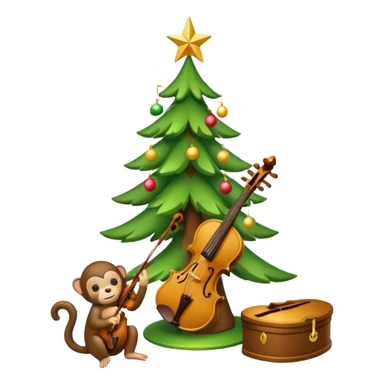 A cute, minimal emoji-style Christmas tree with a bright green triangular shape decorated, a wooden violin replacing the trunk, and a small playful monkey sitting at the very top carefully placing a golden Christmas star sticker
