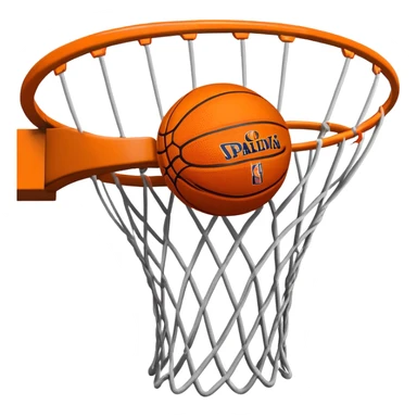 Simple orange basketball with NBA logo caught in basketball net from below perspective, iOS emoji style sticker