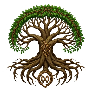 Tree roots forming a sigil shape, earth magic symbolism, deep greens and browns sticker