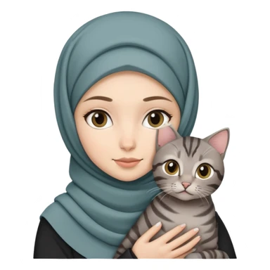 White girl wearing hijab holding a black grey tabby cat sticker
