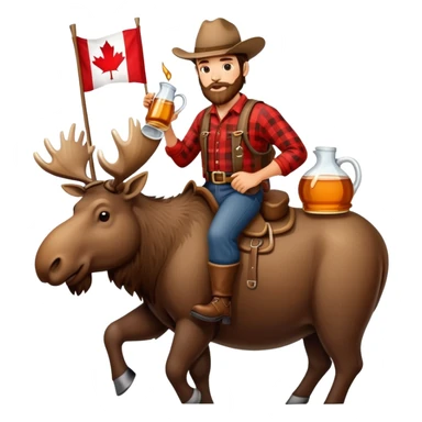 Canadian lumberjack, drinking from a jug maple syrup, carrying a furling Canadian flag, and riding on a moose sticker
