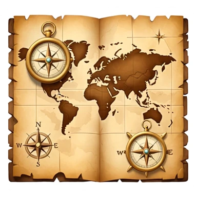 3D Brown golden map with Travel compass pointing to adventure sticker