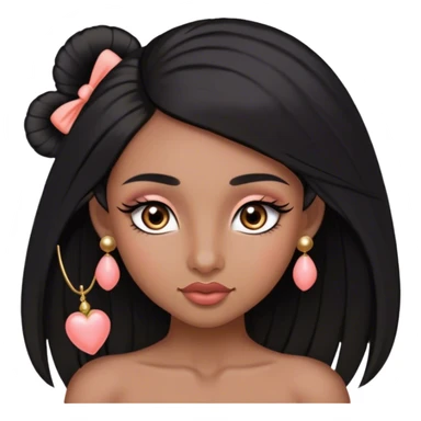 Pelo negro largo lacio hacia el frente,tes morena oscura, cejas pronunciadas, ojos grandes con pestañas largas color marrón oscuro los ojos, nariz pequeña, labios grandes con arco de cupido color coral claro, orejas pequeñas y con pantallas pequeñas de bolita color oro sticker