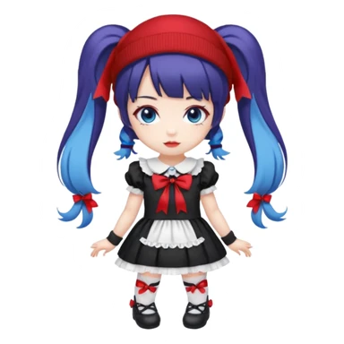 Chibi kawaii girl, violet eyes, black-blue twin tails, red ribbons, red beanie, black & white lolita dress with red accents, white thigh-highs, black mary janes, cute aesthetic. sticker