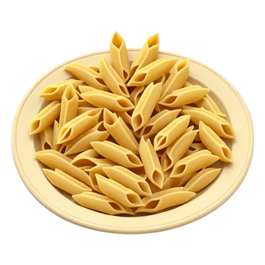 3 to 5 pieces of uncooked pasta (penne, fusilli, farfalle), clean arrangement, smooth slightly matte texture, pale yellow to golden beige color, dry and clean, slightly curved or twisted, 3D-rendered, clean, soft lighting, subtle shadows, no packaging or faces, emoji scale sticker