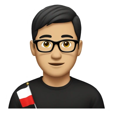 Asian male with black shirt and glasses, black hair, the flag of Sealand behind him sticker