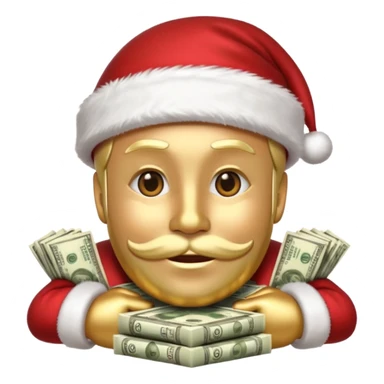 A confident rich emoji face wearing a Santa hat, money stacks, casino vibe, New Year theme, premium 3D emoji style, sharp details, no text, isolated on transparent background sticker