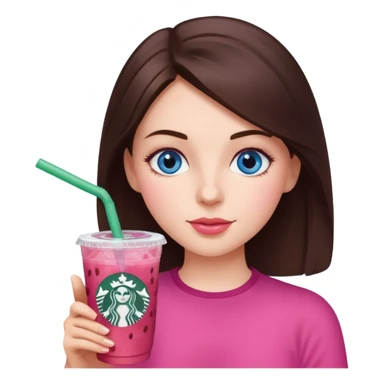 make an emoji of a brunette blue eye girl wearing pink drinking a strawberry acai refresher from starbucks sticker