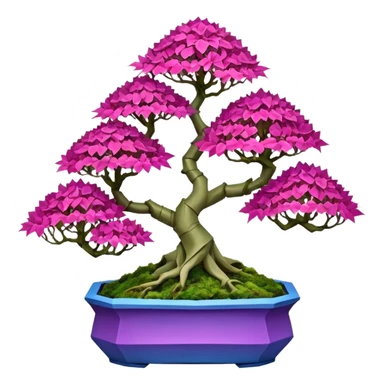 Futuristic wild et alien moss maples Bonsai hair-fine-leaf group crimson crystal azalea purple and cream pink blue forest planting in shallow origami style pot  sticker