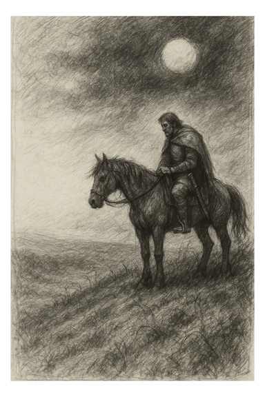 high-resolution black and white pencil sketch of a warrior's final ride, right side features a lone contemplative rider on a restless horse atop a windswept hill under a heavy sunless sky, left side open and uncluttered for poem text space, somber landscape with hints of grass, vines, and passage of time, evoking legacy peace and returning to the earth, no text in image, 1:1 ratio sticker