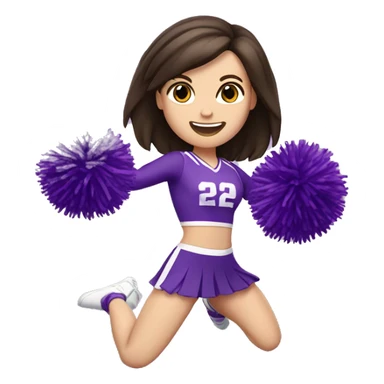 Caucasian cheerleader with dark brown hair, jumping and holding up two purple Pom poms, small full body emoji sticker