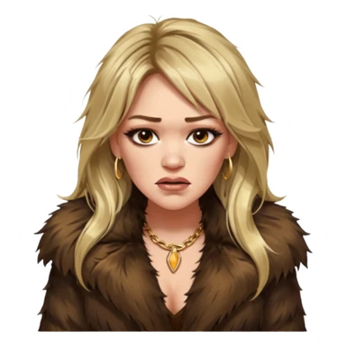 Cinematic realistic ultra HD angry, moody, glamorous extremely made up Hilary Duff extremely long long hair in shaggy fur coat with bronze flash sticker
