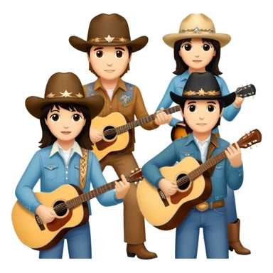 Icon for Country Music: A collage featuring Eagles as a band, Ricky Nelson, and Linda Ronstadt. Acoustic guitars, cowboy hats, and a vintage Americana aesthetic evoke the spirit of classic country and country rock. Warm earthy tones. Transparent background. sticker