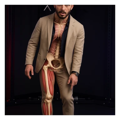 Realistic man standing in a gym, pose as in the reference, pelvis tilted, knee in valgus, and pronated foot. Visible skin and muscles, some translucent areas partially showing bones and joints involved (pelvis, knee, foot). Natural expression, clothing similar to the reference, hyperrealistic 4K details, gym environment. Frontal view. Variant 8. sticker