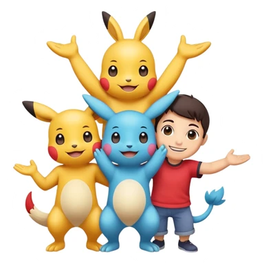 Three Pokémon characters working together as friends — bright, cheerful, and playful. They are helping each other: one is lifting another up, another is offering a hand, and they are all smiling. The style is colorful, cute, and cartoon-like, with a joyful background. sticker