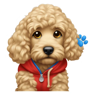 Blonde Cocapoo with red hoodie and blue dog paw prints  sticker