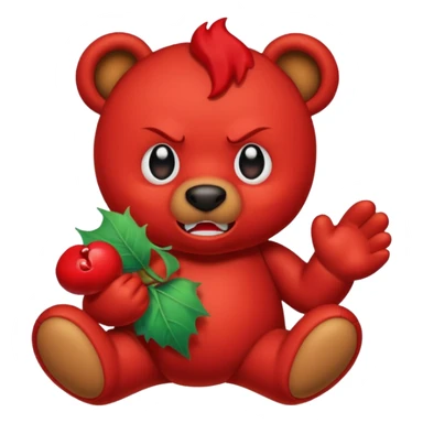 A red devil tearing up a brown teddy bear sticker