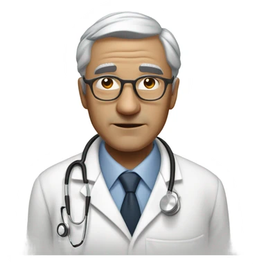 "An older man with thin, neatly combed gray hair, a sharp nose, and a cold, analytical look. He wears a pristine white coat, thin glasses, and carries a stethoscope or medical bag." sticker