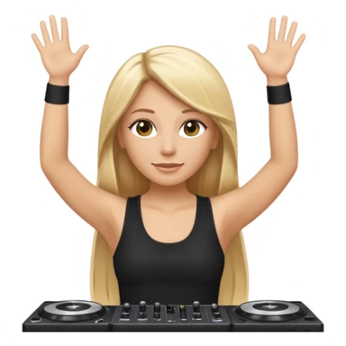 I want a white female dj animated gif emoji with long straight blonde hair putting hands up in the air. Wearing a black tight top with no sleeve sticker