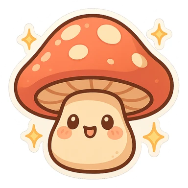 chibi sticker-style mushroom with sparkles, cute and exaggerated sticker