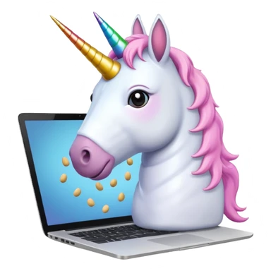 Unicorn coding on a laptop, with peanuts all over the computer sticker