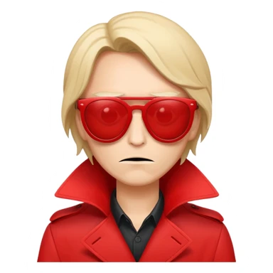 an evil fraudster in red sunglasses and a red trench coat who's hiding his face sticker