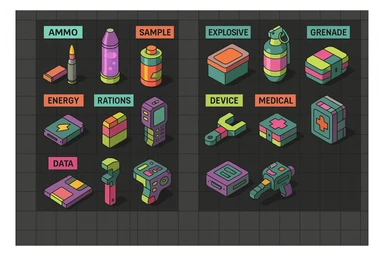 a virtual display, a gray grid with darker gray cells, each cell containing an item viewed in isometric minimalism render The cells have pastel neon colored labels in their upper corner, indicating various traits of the items. retrofuturism, circa 2880's.
The items are scientific and military in nature - varieties of munitions, scientific samples, rations, data storage, utilities. There are two arrays of grids, one left, one right. Each array has a few empty spaces at the bottom. "graphic realism." brutalism. the items are adorned in a combination of  bright colors, neon-safety, early 90's pallet, with muted gray tones in EVEN BALANCE. sticker