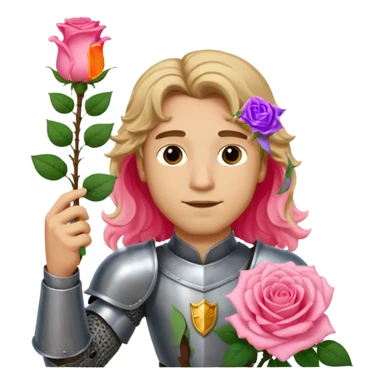 A male knight with light skin and long dark blonde wavy hair holding up a single light pink rose  sticker