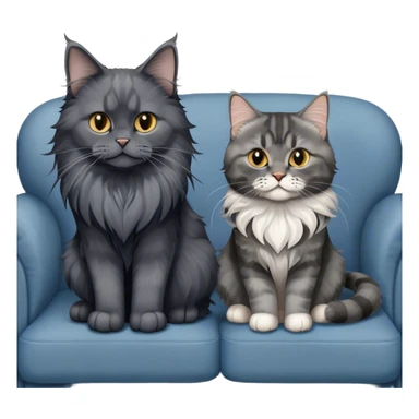 Portrait of a black smoke Maine Coon cat with long grey ear tufts, alongside a British Shorthair cat with a solid blue coat on sofa. Both cats with detailed fur textures and playful expressions. Soft, elegant background of room with warm, natural tones. Transparent background. sticker