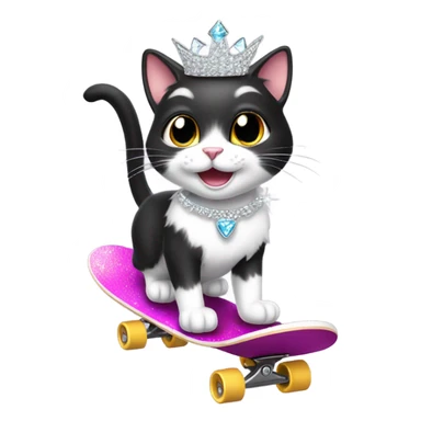 Grinning Black and white cat skateboarding wearng crystal tiara sticker