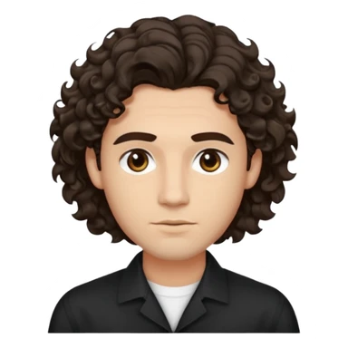 He’s a man with light to medium skin, a defined oval face, full brows, deep-set eyes, and wavy to curly dark brown hair styled with height, sides are low. expression calm and focused relaxed black open-collar shirt.polished, articulate, and professional vibe. sticker