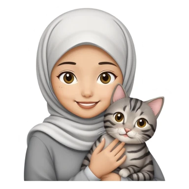 Asian white Hijab girl holding a black grey tabby cat with smiling sticker