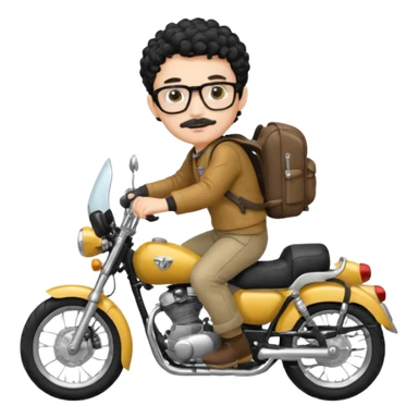 A young boy DEVELOPER WITH A backpack, black curly short hair, wearing glasses, a thin mustache, his skin is white, riding a motorcycle sticker