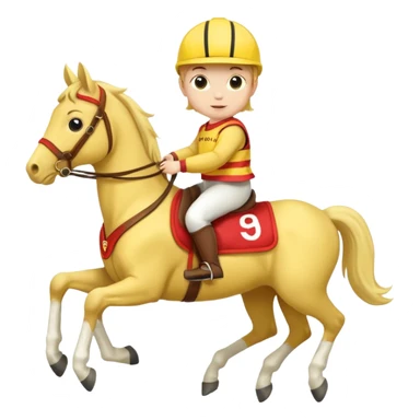 baby riding horse wearing racing cloth yellow number sticker