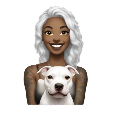 light skin woman with a face tattoo of a cross and long wavy black hair expressing joy alongide a white miniature pitbull  sticker