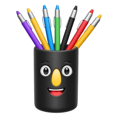 black pen holder cup with colorful pens inside, emoji style sticker